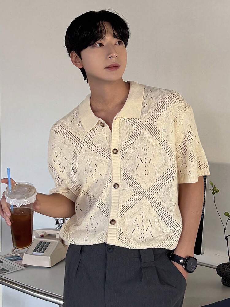 Men's Textured Floral Pattern Cardigan, Apricot Color, Summer
