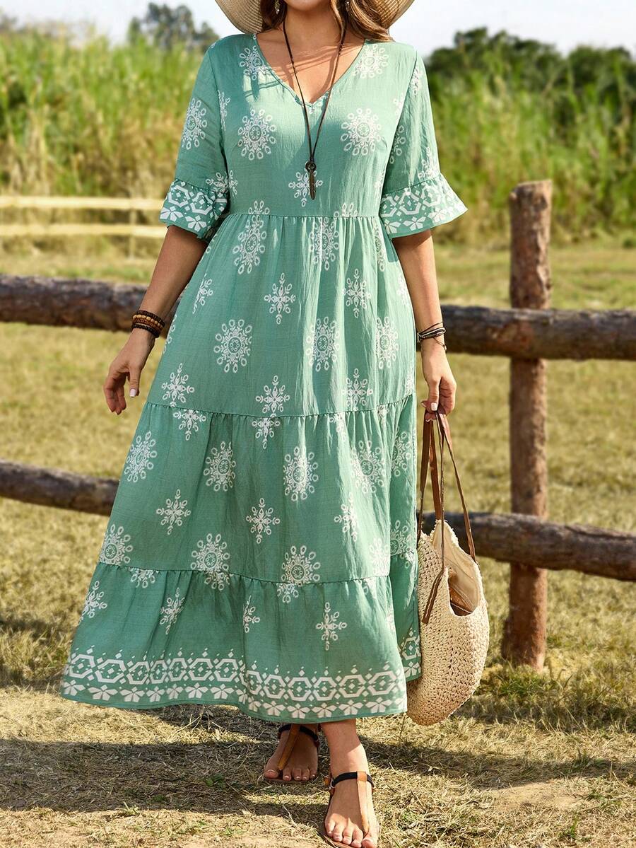 EMERY ROSE 大码几何印花连衣裙，休闲假日风 - 彩色 - 查看 1