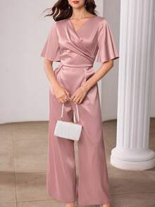 Modelyn Satin Pleated Waist Short Sleeve Elegant Jumpsuit, Powder Pink - Dusty Pink - View 3