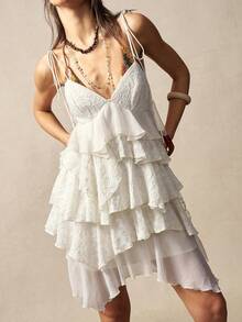 Bohemela Women's Summer Leisure Vacation Romantic Elegance French Beach Bohemian Country Music Festival Western Retro Paisley Lace Layered Ruffles Irregular Hem Mini Dress, Summer Outfits For Women,Free And Relaxed Style Of Dressing,Beach Outfit,Summer Vacation Outfits, Party Outfit - Apricot - View 2