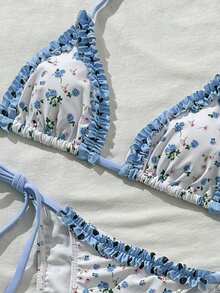 Swim Mod Conjunto de bikini con cuello de halter y volantes con estampado aleatorio para mujer, primavera/verano - Multicolor - Ver 5