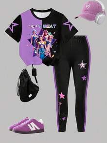 2件套少女K-Pop卡通人物图案圆领短袖T恤和打底裤套装，适合K-Pop粉丝日常穿着，休闲上衣适合日常、户外、运动和上学穿着，春夏四季皆宜的女孩休闲套装。青少年女孩休闲T恤和打底裤套装，适合青少年女孩。 - 黑色 - 查看 3
