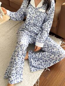 DAZY Leopard Print Patchwork Loose Women Pajama Set - Blue - View 6