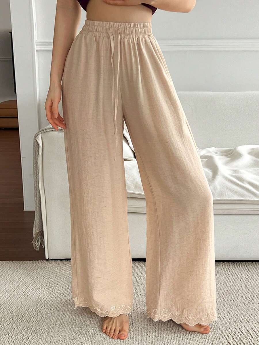 DAZY Embroidered Trim Loose Women's Pajama Bottoms - Dusty Pink - View 1