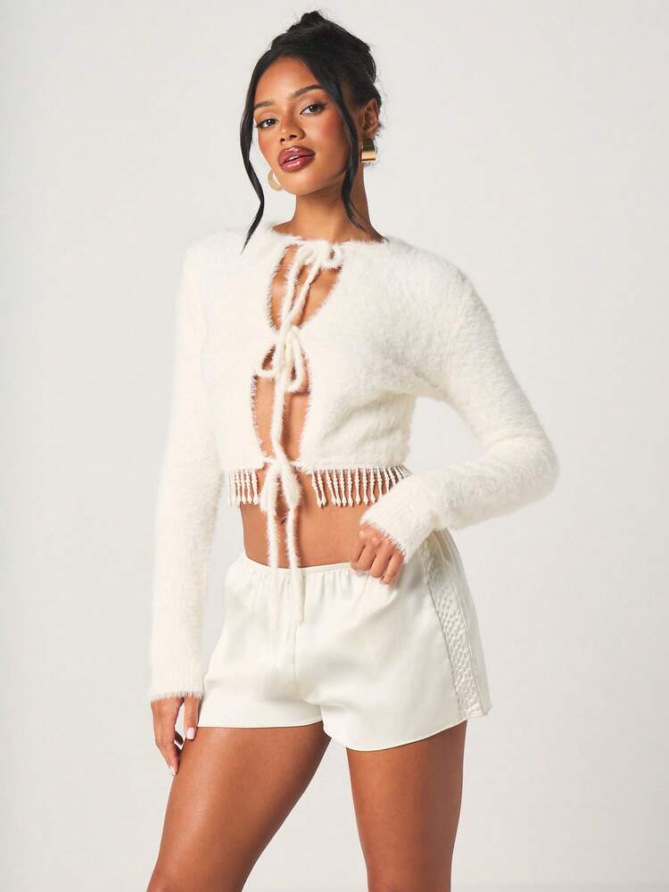 MISSGUIDED Women's Fuzzy Cropped Tie Front Cardigan With Pearl Trim Detailing Long Sleeve Open Front Knit Sweater