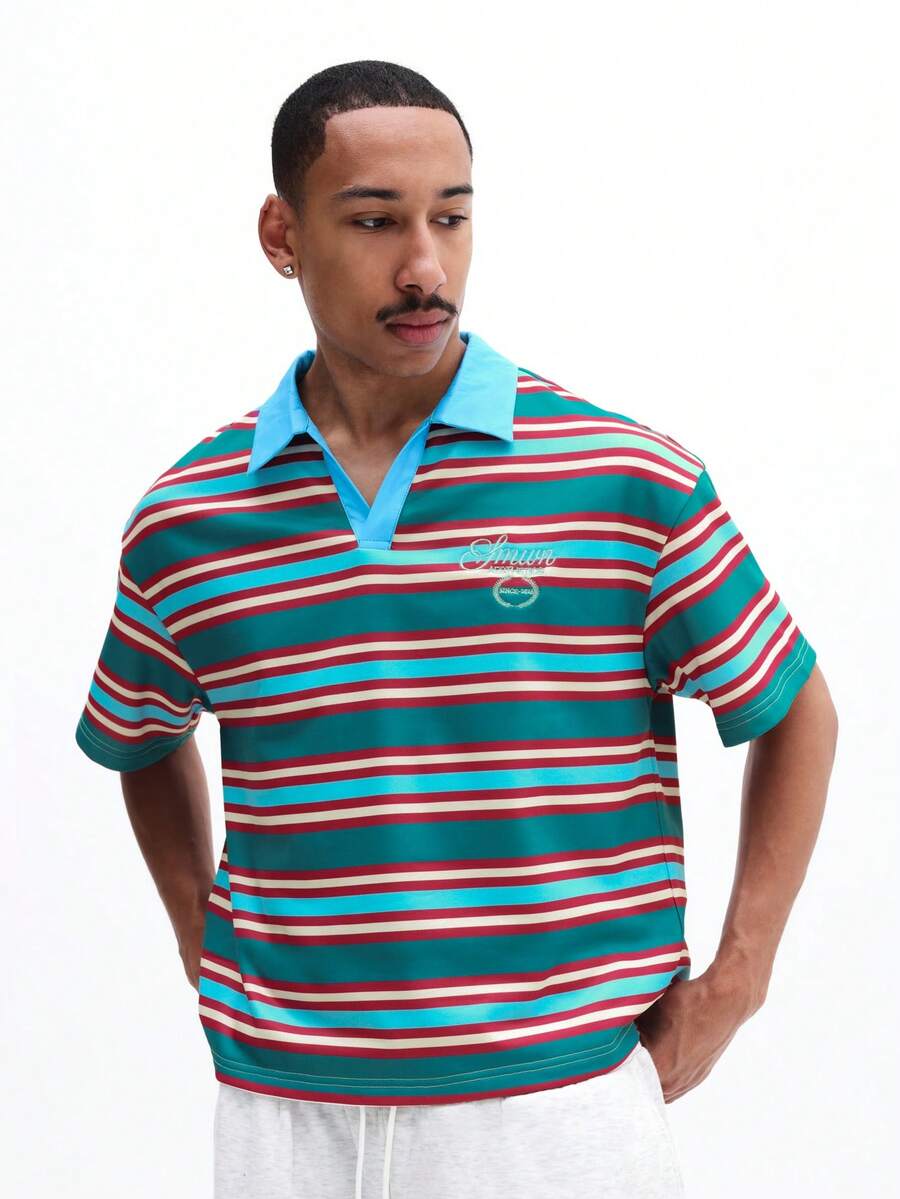 SUMWON Men's Horizontal Striped Polo Shirt Short Sleeve Collared Regular Fit Summer Casual Top Multicolor Retro Style - Multicolor - View 1