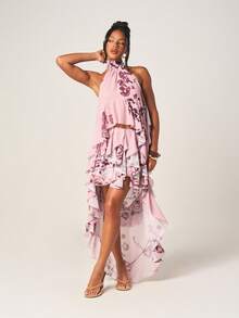 MISSGUIDED Conjunto coordinado de top con cuello halter y bajo asimétrico, y minifalda con volantes con estampado de mariposa para primavera y verano - Multicolor - Ver 1