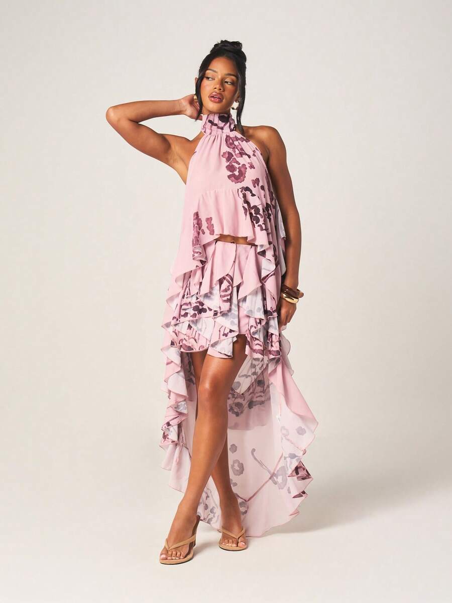 MISSGUIDED Conjunto coordinado de top con cuello halter y bajo asimétrico, y minifalda con volantes con estampado de mariposa para primavera y verano - Multicolor - Ver 1