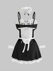 ROMWE Women's Contrast Lace Bow Decor Gothic Sexy Lingerie Costume Set - Black - View 2