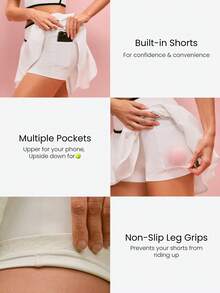 GLOWMODE 情人节双倍爱意，丝滑速干，UPF 50+ 防晒，交叉腰带，内置短裤，侧边口袋，双色双层裙摆，低冲击网球、高尔夫、匹克球运动，日常休闲穿着 - 白色 - 查看 3