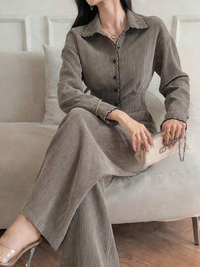 DAZY طقم ملابس علوية أكمام طويلة أحادية الصدر وبنطال واسع القدمين لون أحادي للنساء، طقم كاجوال مكون من قطعتين