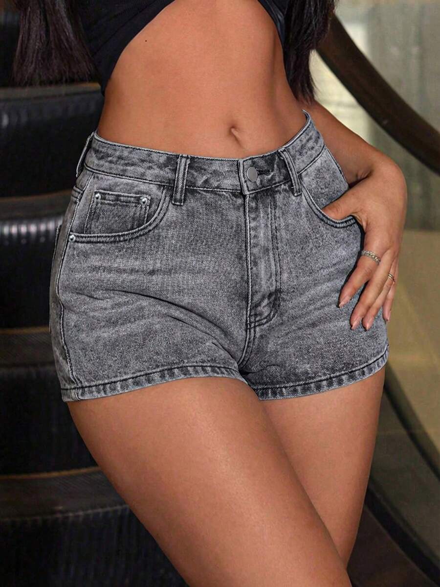 SHEIN ICON 女士休闲百搭牛仔短裤，带口袋 - 灰色 - 查看 1