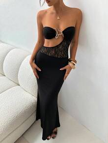 Aloruh 女士夏季新款纯黑色无肩带连衣裙，性感镂空蕾丝拼接连衣裙，现代金属装饰连衣裙，夏季套装，海滩度假连衣裙，波西米亚热带风情度假装 - 黑色 - 查看 11