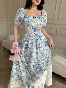 Celisse Đầm dài thanh lịch màu xanh dương phối ren hoa dành cho nữ - Màu xanh lam - Xem 4