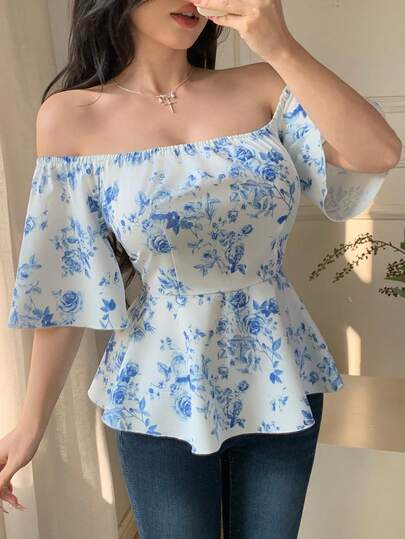 Celisse 女士露肩短袖弹力腰荷叶边下摆上衣（1件装）