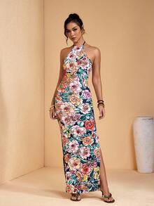 JIAN LASALA Multi Floral Print Halter Neck Tie Backless Women Summer Long Dress Vacation Casual Elegant - Multicolor - View 3