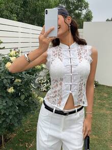 EastFlair Women's Sleeveless Lace Chinese Style Blouse With Button Design - White - View 6