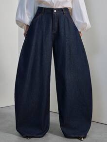 Hauture 女士低腰宽松筒状牛仔裤，性感职业装 - 深色水洗藍 - 查看 2