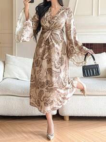 DAZY Women's Elegant Commuter Paisley Print Twist Flare Sleeve Midi Dress - Brown - View 5