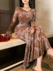 DAZY Rochie lungă elegantă, cu talie strânsă, pentru femei, rochie maxi, rochie de vară, rochii florale pentru femei - Maro - Vizualizare 2