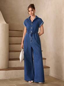 Selenza Women's Elegant Short Sleeve Denim Jumpsuit, Summer - Medium Wash - View 5