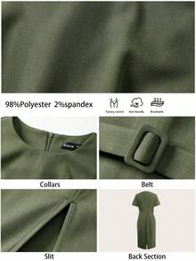 BizChic 女士短袖中长连衣裙，都市通勤商务优雅夏季款 - 軍綠色 - 查看 10