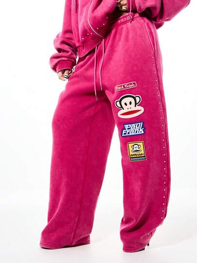 SUMWON X PAUL FRANK SUMWON WOMEN Oversized Women's Bright Pink Velour Washed Monkey Patch Detail Relaxed Fit Drawstring Sweatpants Lounge Casual Comfort Joggers