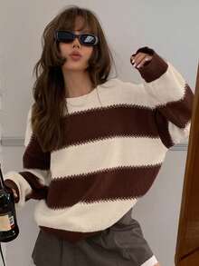 DAZY Striped Loose Long Sleeve Crew Neck Sweater For Women,Long Sleeve Tops,Fall Women Clothes - Brown - View 3