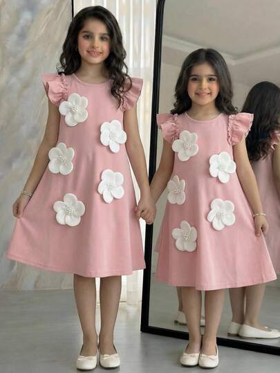 Emery Rose Kids Young Girl Round Neck 3D Floral Decor Casual Vacation Daily Wear Cap Sleeve Dress