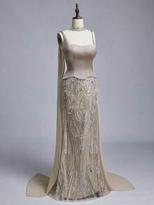 Elitara Petite Petite Elegant Luxurious Beaded Sequin Floral Mermaid Hem Dress Elastic Satin For Evening - Khaki - View 14