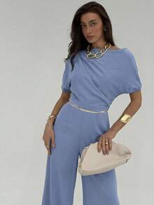 Aloruh 新款简约纯色杏色褶裥装饰不对称肩部连体裤，性感收腰阔腿裤 - 霧霾藍 - 查看 5