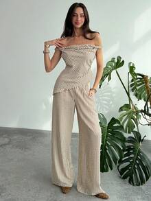 Aloruh Women's Summer 2-Piece Set, Casual Off Shoulder Asymmetrical Striped Top And Relaxed Pants, Commuting Outfit - Brown - View 3