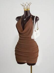 SaltGleam SaltGleam Women's Solid Color Plunging Neck Fashionable Sexy Halter Dress - Coffee - View 3