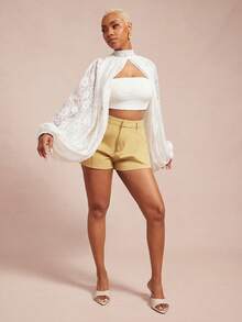 Vixey 薄纱蕾丝蝙蝠袖开衩下摆灯笼袖上衣 - 白色 - 查看 1