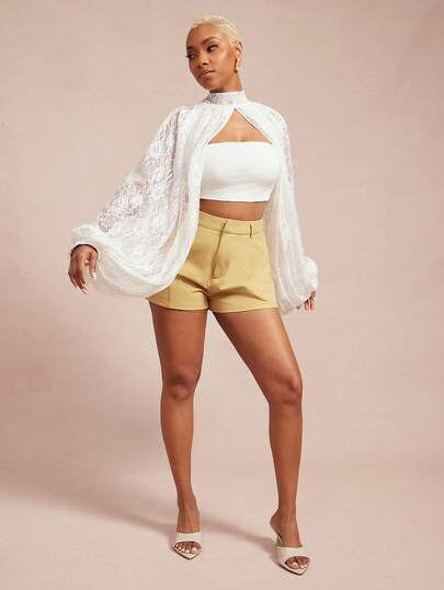 Vixey Sheer Lace Batwing Split Hem Balloon Sleeve Top