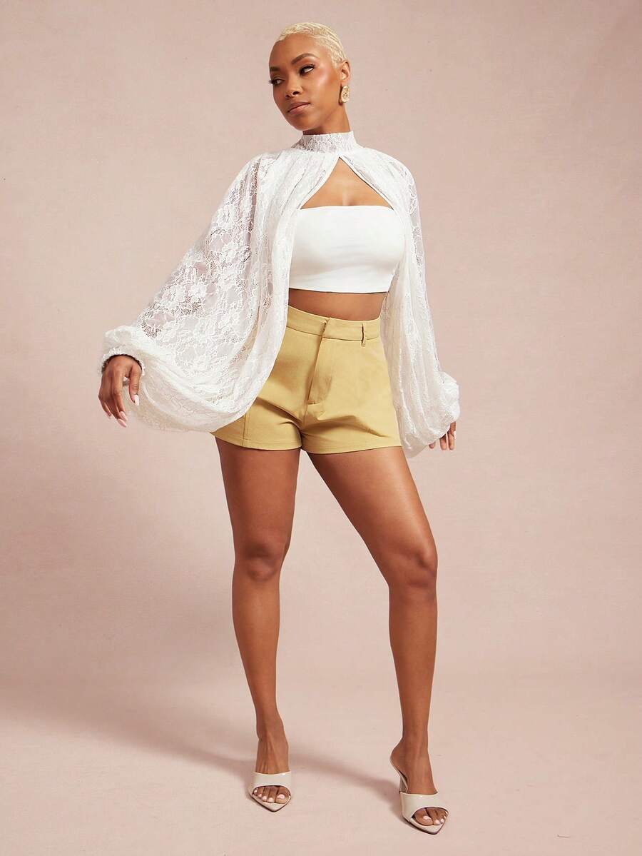 Vixey 薄纱蕾丝蝙蝠袖开衩下摆灯笼袖上衣 - 白色 - 查看 1