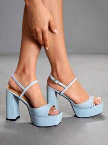 CUCCOO SZL Women's High Heel Square Toe Crimson Textured Patent Leather Metal Button Open Toe Fashion Sandals Social Party Open Toe Sexy Sandals - Baby Blue - View 5