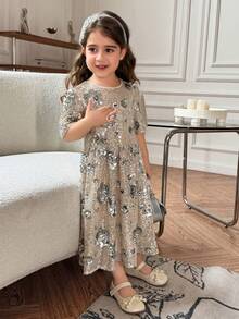 DAZY Young Girl Floral Sequin Decor Round Neck Short Sleeve Elegant Party Dress Vacation - Beige - View 3