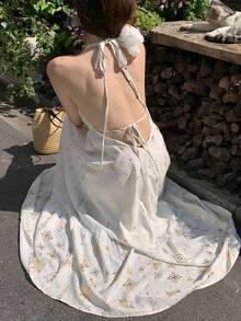 DAZY Đầm nữ cổ chữ V buộc dây kiểu Bohemian in hoa, đầm hè phong cách Boho. - trắng - Xem 4