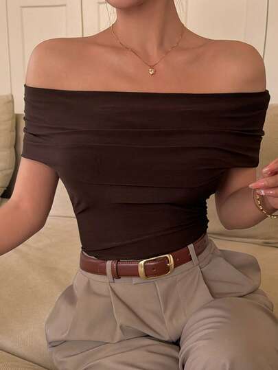 Livesso Camiseta de manga corta de unicolor, con hombros descubiertos, de uso versátil y casual para uso diario