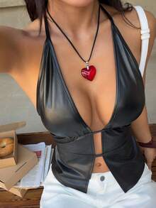 FavEase 女士复古甜美弹力针织涂层PU性感深V露背系带上衣 - 黑色 - 查看 8