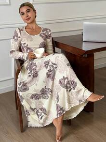 DAZY 女士度假风佩斯利印花收腰长款睡裙 - 杏色 - 查看 5