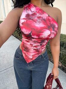 Alexandranx Women Floral Print Asymmetrical Neck & Hem Ruched Top Beach Wear - Rusty Rose - View 3