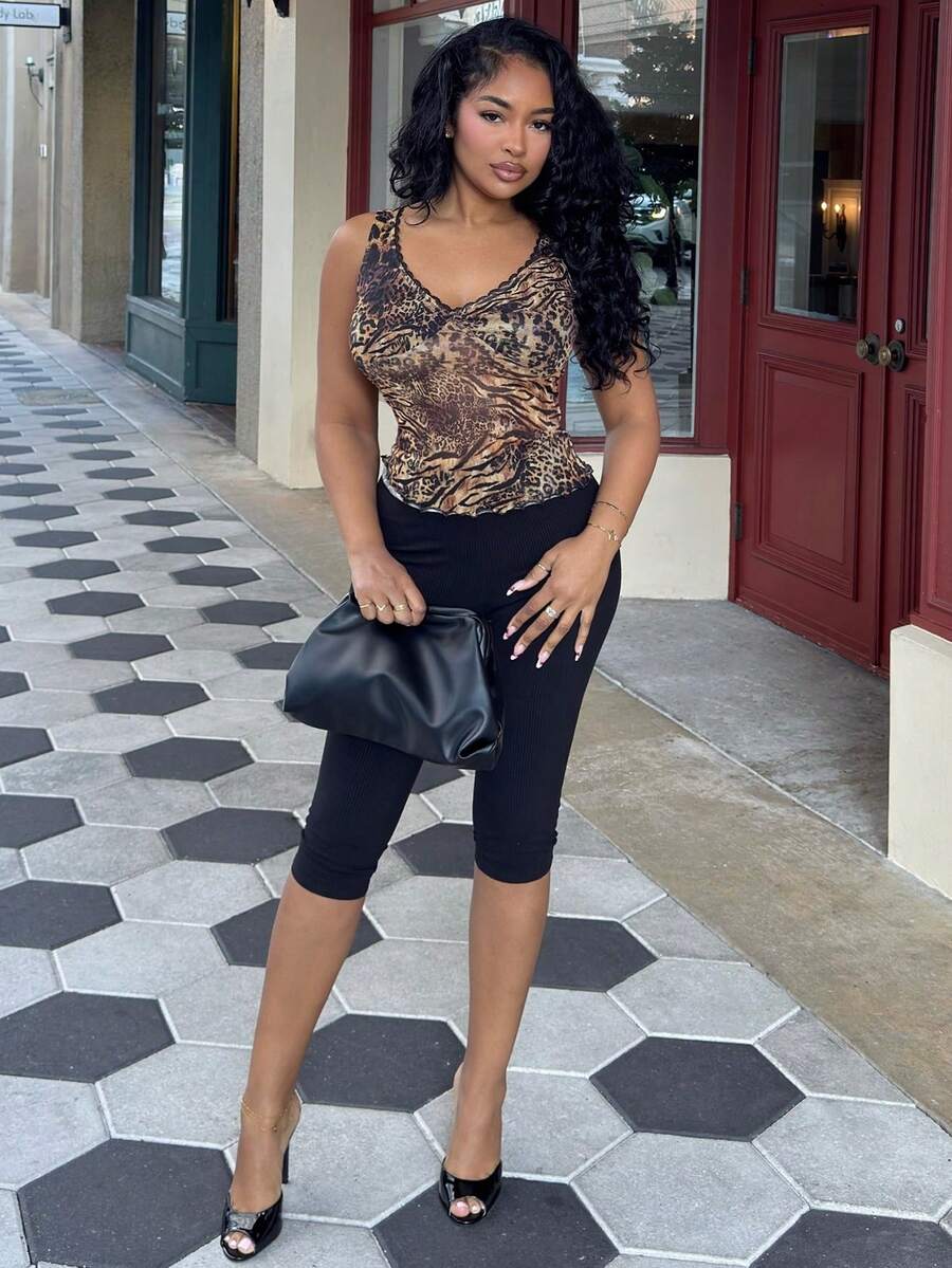 Alexandranx 女士性感动物印花网眼透视背心 - 銅色 - 查看 1