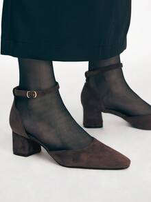 Mnmlis Tacones altos para mujer para exteriores, zapatos de moda de tacón grueso y punta cuadrada, versátiles, de ante y con diseño hueco, para primavera, verano, otoño e invierno - Café - Ver 8