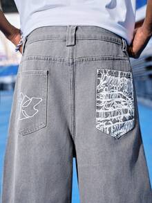 EVRINFINITE 男士休闲牛仔5英寸刺绣印花短裤，夏季时尚 - 灰色 - 查看 9