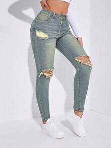 Casual Washed Low-Waist Distressed Skinny Jeans - Blue - View 5