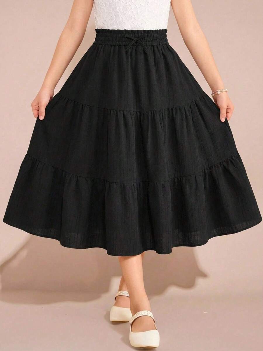 SHEIN Girls' Casual Elegant Loose Fit Patchwork Pleated Flared Skirt, Spring/Summer - Black - View 1