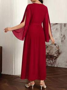SHEIN Lady Red Ribbon & Mesh Splice Elegant Split Sleeve Dress - Red - View 3