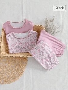 Baby Girls' Ditsy Floral Ribbed Fabric Short Sleeve Pajama Set With Ruffle Hem, Dusty Rose Floral Pajama Set Girls Sleepwear Girls Pajama Set - Dusty Pink - View 9